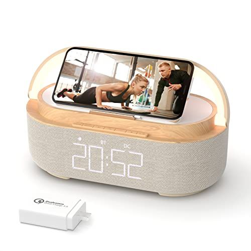 Radio-réveil digital élégant avec chargeur sans fil et fonctions Bluetooth, FM et lampe de nuit.