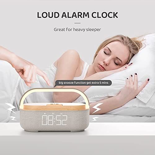 Radio-réveil digital élégant avec chargeur sans fil et fonctions Bluetooth, FM et lampe de nuit.