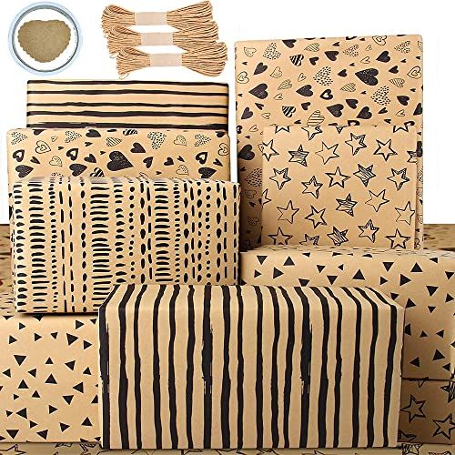 Kit papier cadeau kraft motifs imprimés, corde, autocollants et ruban adhésif pour emballages d'anniversaire originaux.