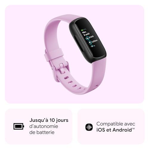 Bracelet d'activité FitBit pour bien-être et sport, suivi santé, fréquence cardiaque, notifications connectées, étanche 50m, autonomie 10 jours, cadeau femme tendance.