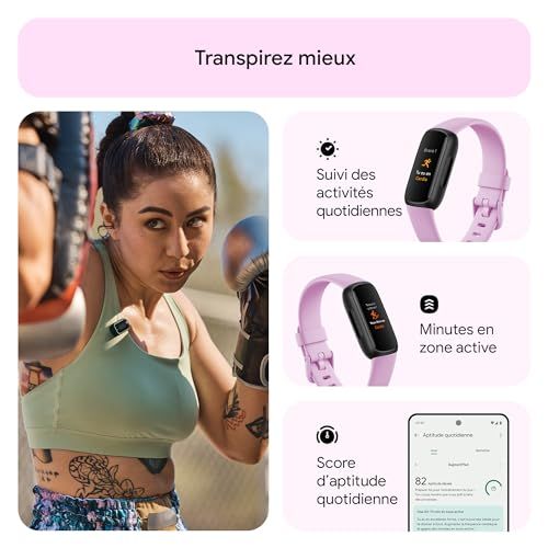 Bracelet d'activité FitBit pour bien-être et sport, suivi santé, fréquence cardiaque, notifications connectées, étanche 50m, autonomie 10 jours, cadeau femme tendance.