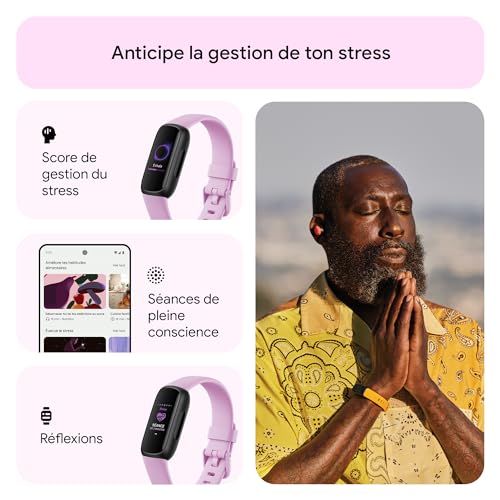 Bracelet d'activité FitBit pour bien-être et sport, suivi santé, fréquence cardiaque, notifications connectées, étanche 50m, autonomie 10 jours, cadeau femme tendance.