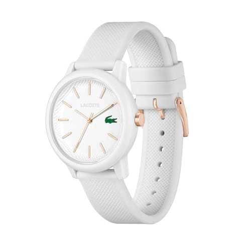Montre Lacoste pour femme, élégante avec cadran blanc et détails dorés, bracelet en silicone blanc, résistante à l'eau, cadeau parfait mode et fonctionnalité.