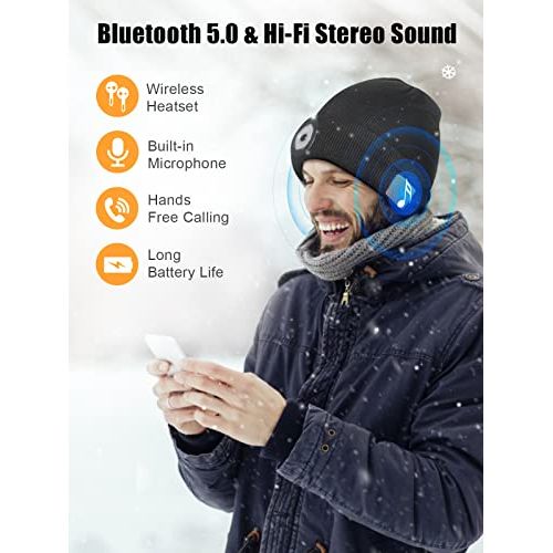 Bonnet connecté Bluetooth avec lampe LED, idéal pour écouter de la musique et prendre des appels en plein air. Cadeau technologique et pratique pour l'hiver.