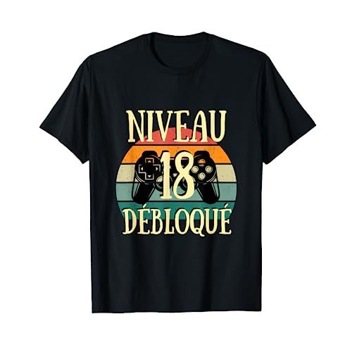 T-shirt humoristique Niveau 18 débloqué pour anniversaire 18 ans avec motif jeux vidéo