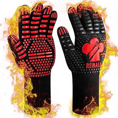 Gants de barbecue résistants à la chaleur, antidérapants avec bandes siliconées et doublure en coton confortable.