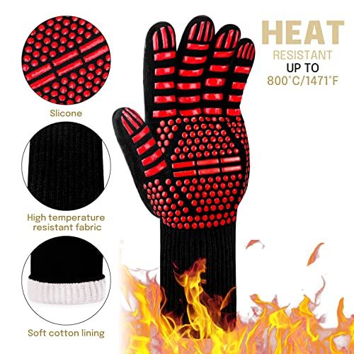 Gants de barbecue résistants à la chaleur, antidérapants avec bandes siliconées et doublure en coton confortable.
