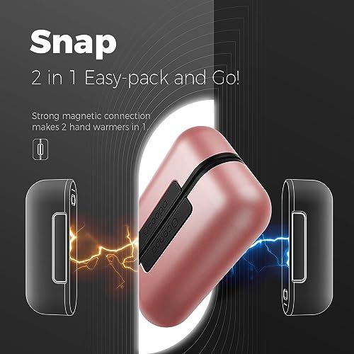 Rechargeable hand warmer with magnetic system and multiple heat settings, ideal for outdoor enthusiasts.
