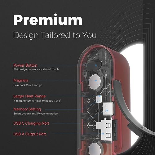 Rechargeable hand warmer with magnetic system and multiple heat settings, ideal for outdoor enthusiasts.