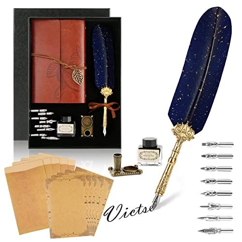 Kit de calligraphie rétro avec stylo plume d'oie et carnet en cuir vintage pour écriture manuscrite élégante.