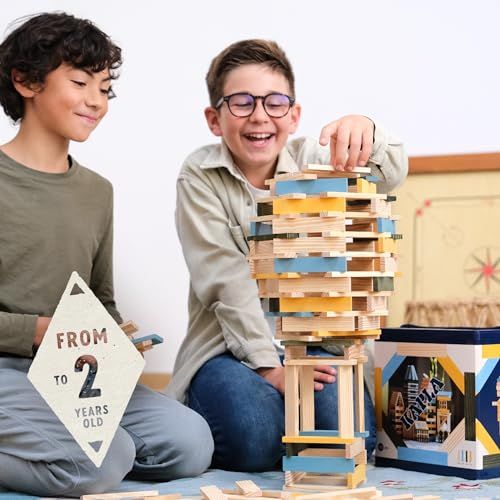 Baril Kapla 120 planchettes en bois avec pièces colorées pour construction créative et jeu éducatif.