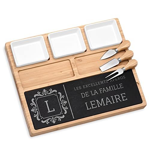 Planche à fromage personnalisée en bambou et pierre avec ustensiles et coupelles amovibles, idéale pour cadeau élégant.