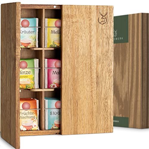 Boîte à thé murale design éco-responsable en chêne massif et acier inoxydable pour cuisine sophistiquée.