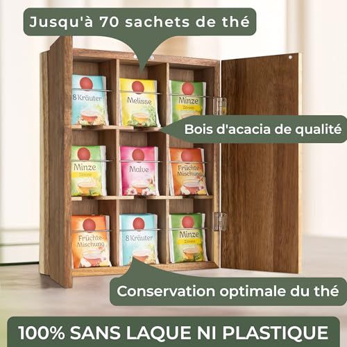 Boîte à thé murale en chêne massif et acier inoxydable, design écologique et durable, cadeau parfait pour amateur de thé et décoration intérieure.