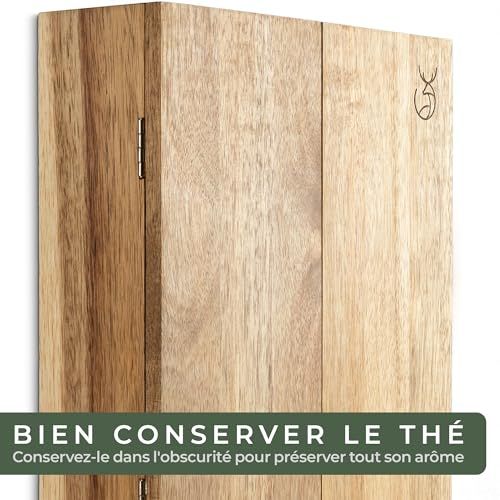 Boîte à thé murale en chêne massif et acier inoxydable, design écologique et durable, cadeau parfait pour amateur de thé et décoration intérieure.