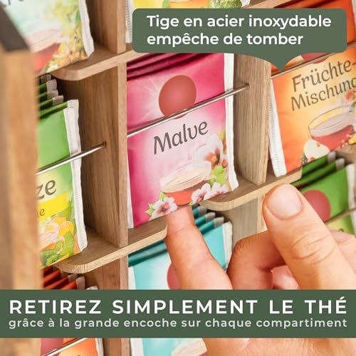 Boîte à thé murale en chêne massif et acier inoxydable, design écologique et durable, cadeau parfait pour amateur de thé et décoration intérieure.