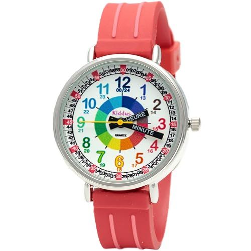 Montre d'apprentissage Kiddus pour filles avec bracelet ajustable et aiguilles marquées HEURE et MINUTE