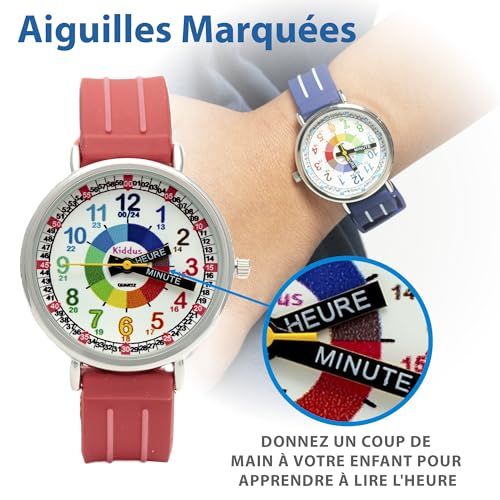 Montre d'apprentissage Kiddus pour filles avec bracelet ajustable et aiguilles marquées HEURE et MINUTE