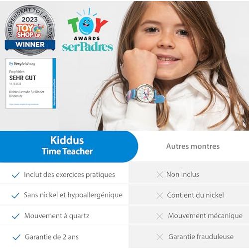 Montre d'apprentissage Kiddus pour filles avec bracelet ajustable et aiguilles marquées HEURE et MINUTE