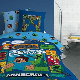 Parure de lit enfant Minecraft CTI, motif réversible, coton doux, taille 140x200 cm, parfait pour fans de jeu vidéo, cadeau idéal, confort et qualité.