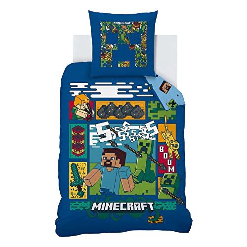 Parure de lit enfant Minecraft CTI, motif réversible, coton doux, taille 140x200 cm, parfait pour fans de jeu vidéo, cadeau idéal, confort et qualité.