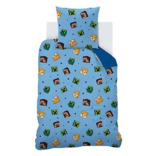 Parure de lit enfant Minecraft CTI, motif réversible, coton doux, taille 140x200 cm, parfait pour fans de jeu vidéo, cadeau idéal, confort et qualité.