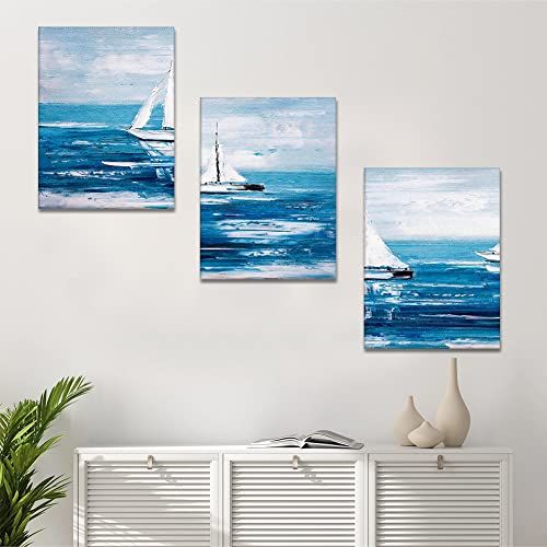 Triptyque mural Artscope représentant des bateaux et la mer en huile sur toile intissée et résistante UV.