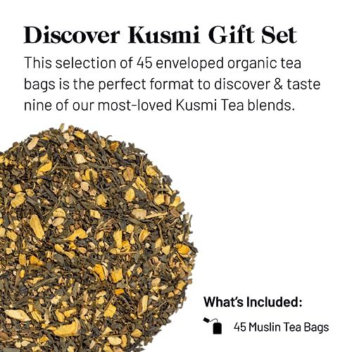 Coffret découverte Kusmi Tea avec 45 sachets, 9 saveurs emblématiques pour amateurs de thés, idéal pour cadeaux raffinés et moments de détente.