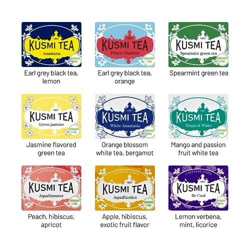 Coffret découverte Kusmi Tea avec 45 sachets, 9 saveurs emblématiques pour amateurs de thés, idéal pour cadeaux raffinés et moments de détente.