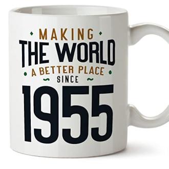Mug vintage 1955 en céramique avec inscription motivante, idéal pour cadeau d'anniversaire.