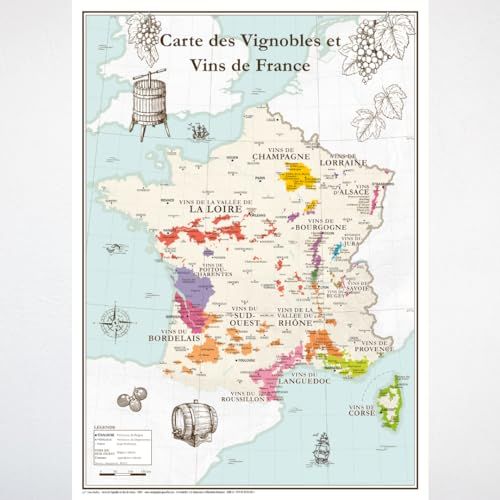 Carte des vignobles et vins de France géographique et éducative, parfaite pour amateurs de vin, design vintage élégant éditée par Société Géo Reflet.