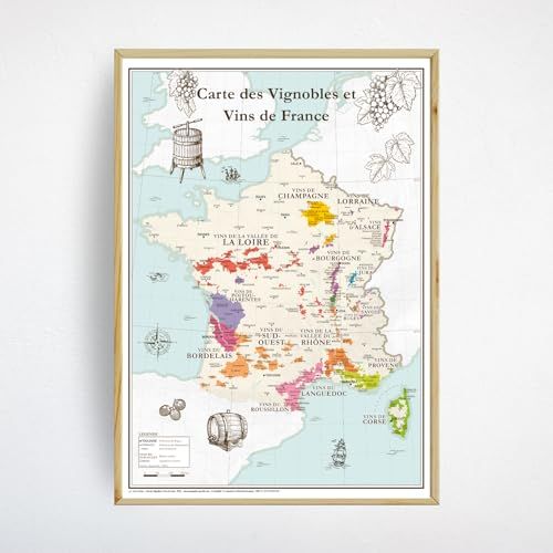Carte des vignobles et vins de France géographique et éducative, parfaite pour amateurs de vin, design vintage élégant éditée par Société Géo Reflet.