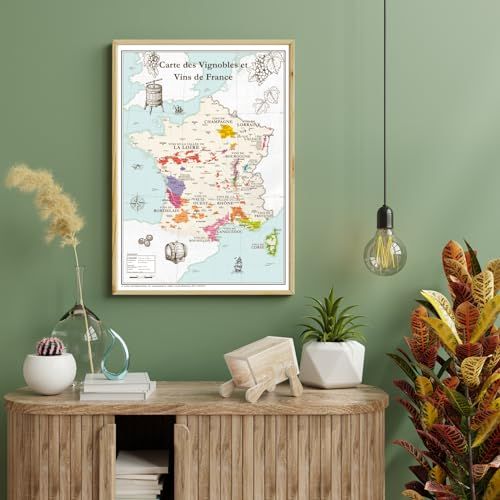 Carte des vignobles et vins de France géographique et éducative, parfaite pour amateurs de vin, design vintage élégant éditée par Société Géo Reflet.