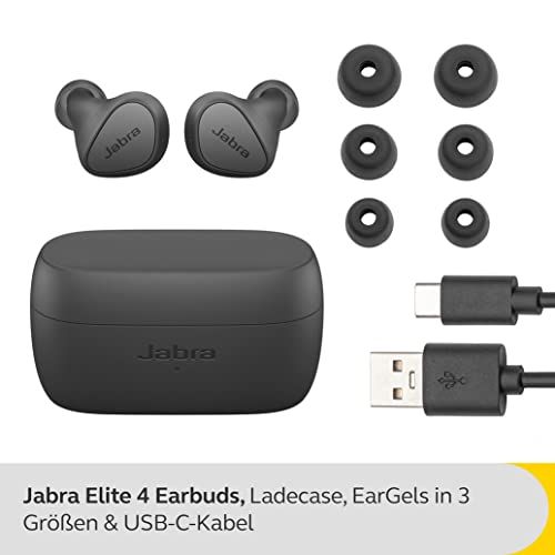 Écouteurs Bluetooth sans fil Jabra Elite 4, design élégant, réduction de bruit active, autonomie 28 heures, cadeau idéal pour musique et télétravail.