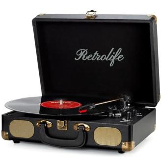 Tourne-disque USB Retrolife noir vintage avec finitions métalliques, connexions Bluetooth et RCA, portable et polyvalent.