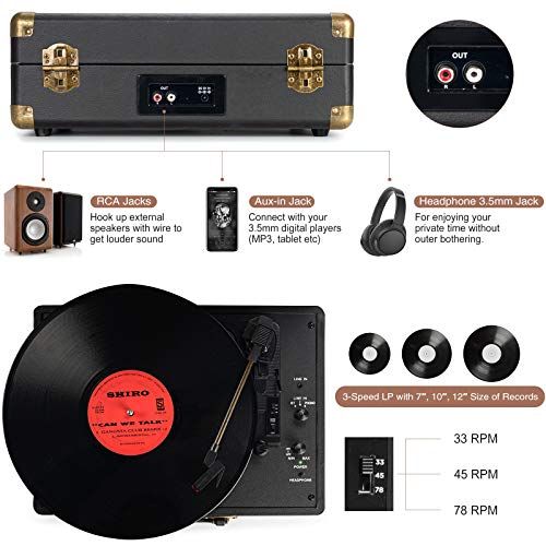 Tourne-disque USB Retrolife noir vintage avec finitions métalliques, connexions Bluetooth et RCA, portable et polyvalent.