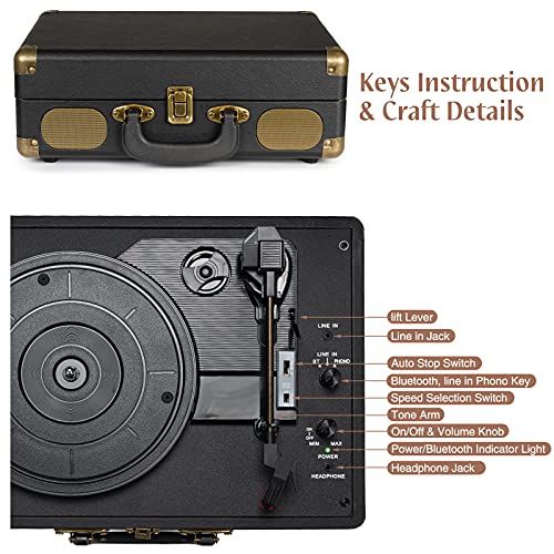 Tourne-disque USB Retrolife noir vintage avec finitions métalliques, connexions Bluetooth et RCA, portable et polyvalent.