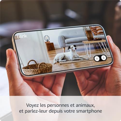Caméra de surveillance connectée Blink Mini 2, HD 1080p, vision nocturne couleur, notifications en temps réel, système audio bidirectionnel, idéale cadeau sécurité.