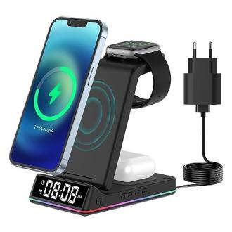 Station de charge induction iPhone. Chargeur, horloge, réveil et veilleuse. Polyvalence, simplicité et confort pour les amateurs d'Apple.