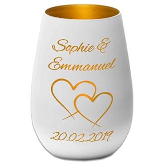 Photophore en verre personnalisé, gravé avec soin, design élégant, parfait pour cadeaux raffinés, artisanat français, illumine avec bougie chauffe-plat ou guirlande.