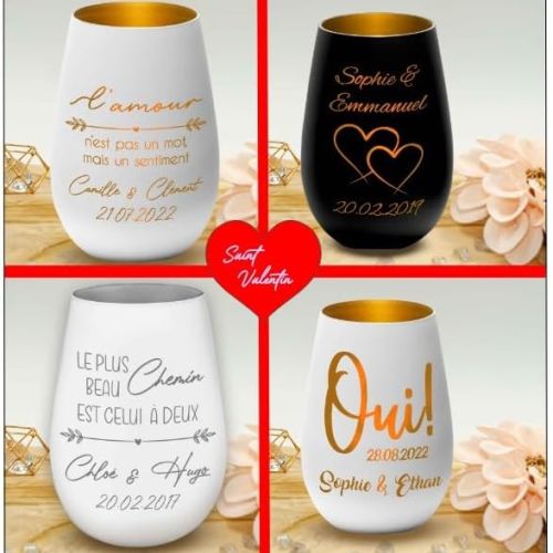 Photophore en verre personnalisé, gravé avec soin, design élégant, parfait pour cadeaux raffinés, artisanat français, illumine avec bougie chauffe-plat ou guirlande.