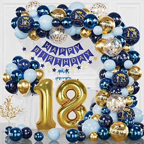 Kit déco anniversaire 18 ans Bleu Marine Or avec ballons métalliques et guirlandes scintillantes