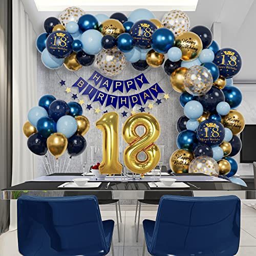 Kit déco anniversaire 18 ans Bleu Marine Or avec ballons métalliques et guirlandes scintillantes