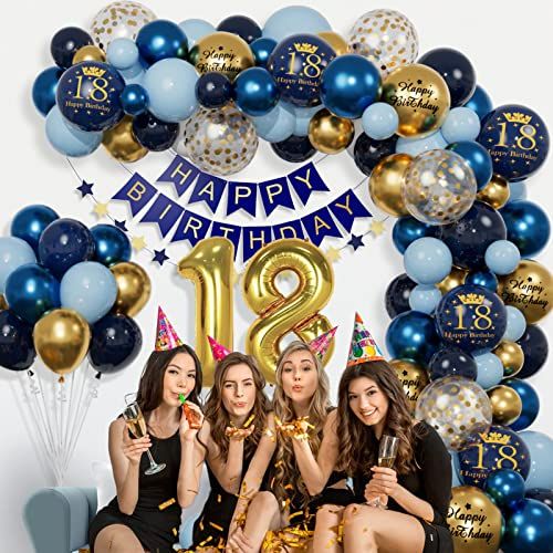 Kit déco anniversaire 18 ans Bleu Marine Or avec ballons métalliques et guirlandes scintillantes