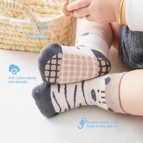 Chaussettes antidérapantes pour bébé en coton doux, sécurisées et confortables, idéales pour premiers pas, cadeau parfait pour naissance ou anniversaire.
