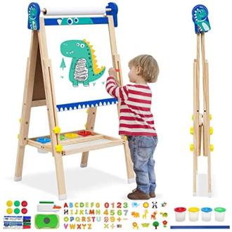 Tableau pour enfant évolutif avec pieds réglables, tableau noir et blanc magnétiques, rouleau de papier; stimule créativité de 3 à 12 ans.