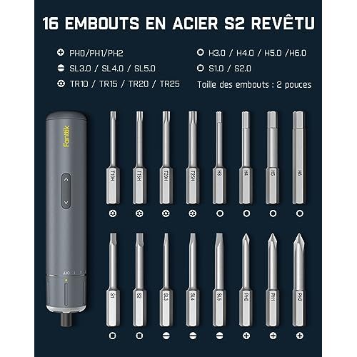Tournevis électrique Fanttik avec 16 embouts, trois niveaux de couple, technologie avancée, pour bricolage précis et efficace, idée cadeau pour passionné de bricolage.
