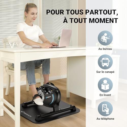 Pédalier de bureau MERACH compact avec moniteur LCD et tapis protecteur pour l'exercice au travail.