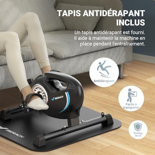 Pédalier de bureau MERACH compact avec moniteur LCD et tapis protecteur pour l'exercice au travail.