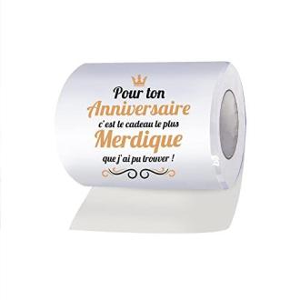 Rouleau de papier toilette humoristique pour anniversaire avec messages imprimés insolites et drôles.